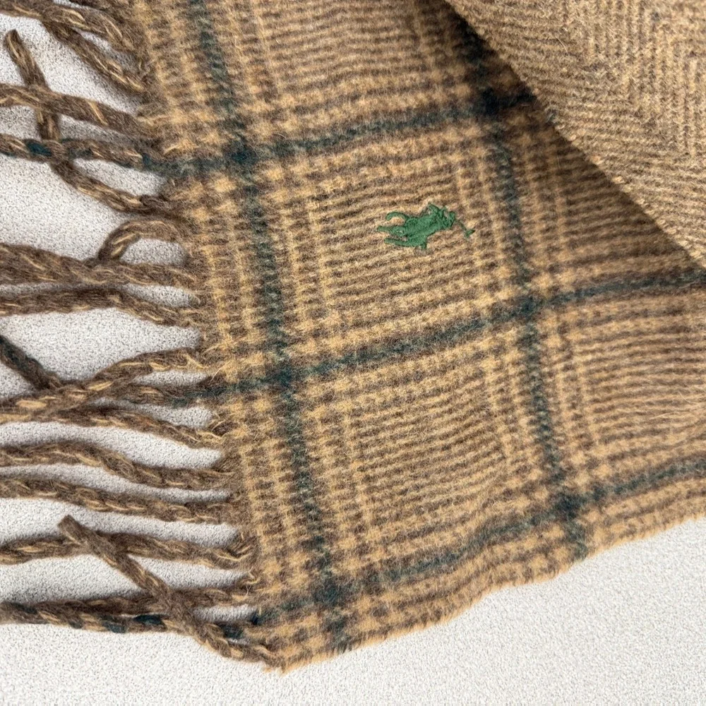 Polo Ralph Lauren Scarf Mens Brown Plaid Herringbone Reversible Lambs Wool Acry